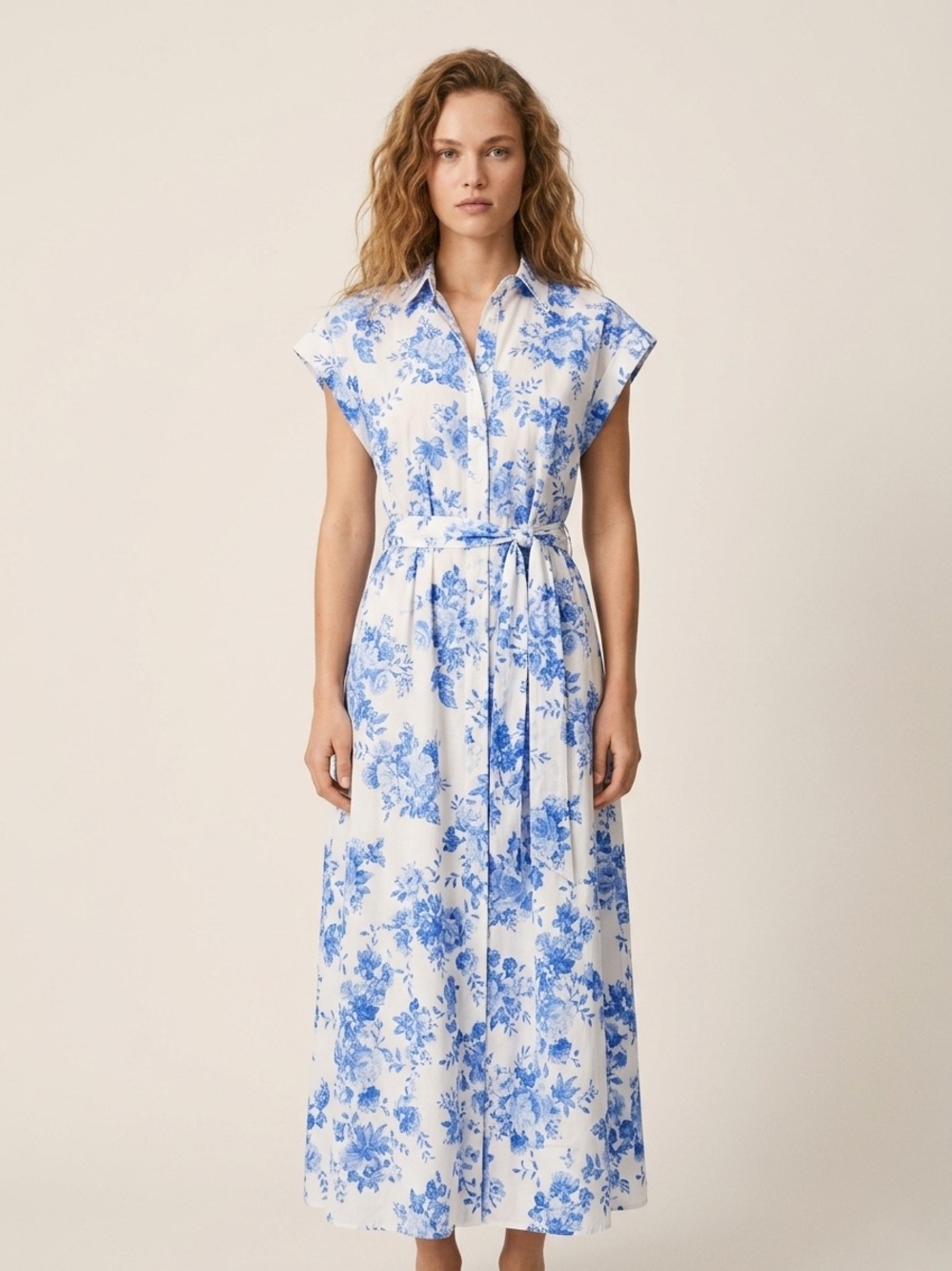 Floral Blue and White Shirt Maxi Dress with Waist Tie